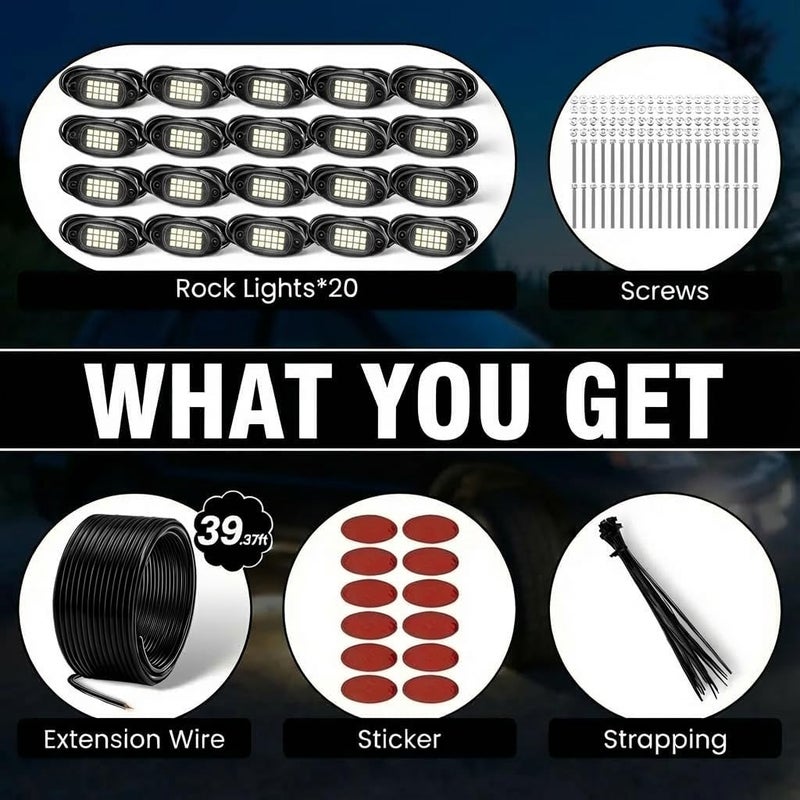 YONEDA 20 Pods White Rock Lights 6000K Ultra Bright LED Neon Underglow Lights IP68 Waterproof for Trucks SUV UTV ATV RZR Car Boats Pickup Motorcycle with 39.37ft Extension Wire - Image 5